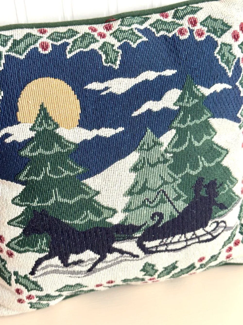 Vtg Christmas Trees Tapestry Throw Pillow Sleigh Ride Victorian Silhouette Holly